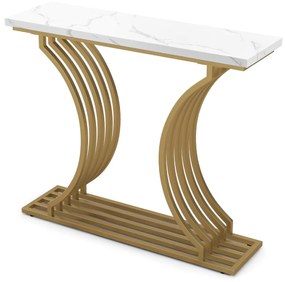 Mesa de consola moderna de 100 cm com tampo em mármore sintético e pernas metálicas geométricas para sala de estar dourada