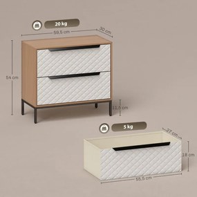 Cómoda com 2 Gavetas de Tecido Frentes com Padrão de Diamante 59,5x30x54 cm Móvel de Arrumação Madeira e Branco