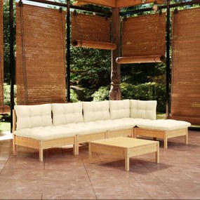 vidaXL 6 pcs conjunto lounge jardim c/ almofadões cor creme pinho