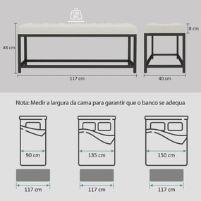 Banco entrada ou ao Pés da Cama Estofado em Veludo 117x40x48 cm Design Capitonê Base de Metal Banco para Quarto Entrada Sala Creme