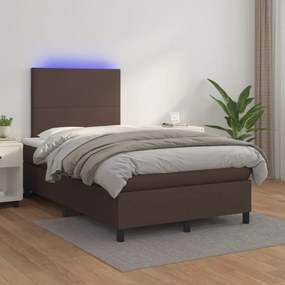 Cama box spring c/ colchão/LED 120x200 cm couro artif. castanho