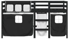 Cama alta criança c/ cortina 90x200cm pinho maciço branco/preto