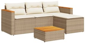 5 pcs conj. sofás p/ jardim c/ almofadões vime PE/acácia bege