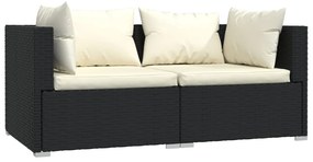 3 pcs conjunto lounge de jardim c/ almofadões vime PE preto