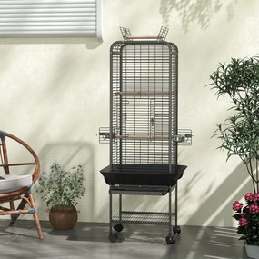 Gaiola para Pássaros com Rodas Poleiros Comedouros Prateleira e Bandeja Amovível 62,5x62,5x146 cm Cinza Escuro