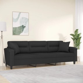 vidaXL Sofá 3 lugares c/ almofadões 210 cm tecido de microfibra preto
