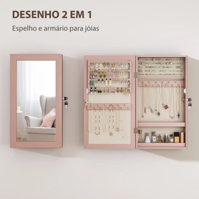 Espelho Joalheiro de Parede Armário para Jóias com Fechadura e Vários Compartimentos para Colares Anéis Pulseiras Rosa e Bege