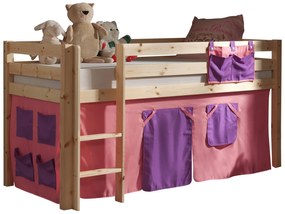 Conjunto Cama alta de Criança PINO 90 x 200 cm + estrado + escada + cortina Bella Natural