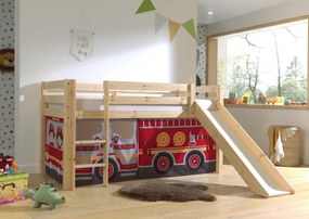 Cama alta de Criança PINO 90 x 200 cm + estrado + escada + escorrega + cortina Bombeiros Natural