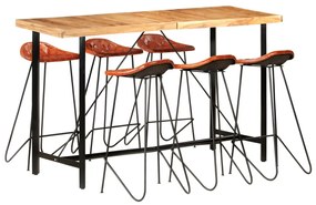 vidaXL 7 pcs conjunto de bar madeira maciça e couro genuíno