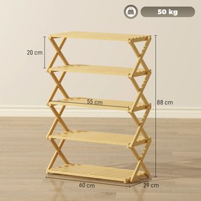 Sapateira Estreita de Bambu Dobrável de 5 Níveis para Entrada Corredor Quarto 60x29x88 cm Madeira