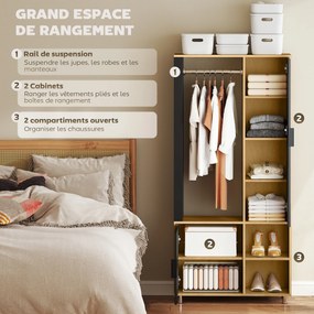 Guarda Roupa de quarto com espelho, compartimentos abertos, armário embutido e barra para pendurar roupa, 80 x 30 x 170 cm, cor madeira natural, preto