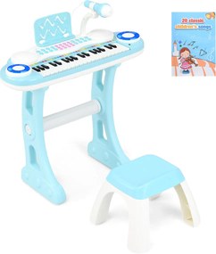 Teclado de piano eletrónico para crianças com 37 teclas e pernas amovíveis Bancada de música Microfone 8 ritmos Azul