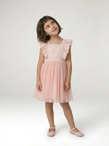 Vestido de cerimónia com folhos, em gaze de algodão e tule, para menina rosa-pálido