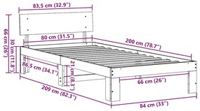 Estrado de Cama com Cabeceira Castanho 80x200 cm Madeira de Pinho