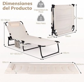 Espreguiçadeira Dobrável para Exterior, 186 x 68 x 33-76 cm, Encosto Ajustável em 4 Posições, Bege