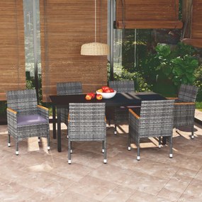 vidaXL 7 pcs conjunto de jantar p/ jardim c/ almofadões vime PE cinza