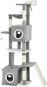 Arranhador para gatos com torre de brincadeiras, centro de atividades, 2 compartimentos abertos, plataformas, rede, escada e 4 pompons, 165 cm, cinzen