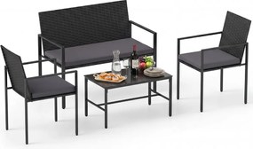Conjunto de jardim de 4 peças em rattan para exterior: cadeiras, sofá, mesa de centro em vidro temperado e almofadas macias; ideal para jardim, alpend