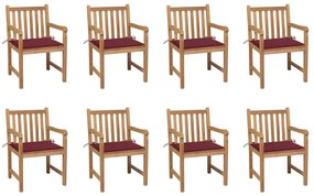 Cadeiras de jardim almofadões vermelho tinto 8 pcs teca maciça