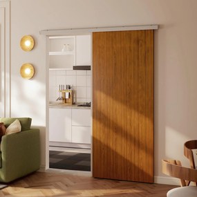 Porta de Correr com Ferragens 90x210 cm com Rolos Trilho de Alumínio e Guia de Chão Castanho