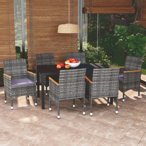 vidaXL 7 pcs conjunto de jantar p/ jardim c/ almofadões vime PE cinza