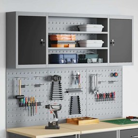 Conjunto de Armário de Ferramentas e Painel de Ferramentas de 6 Peças Montado na Parede em Metal Preto