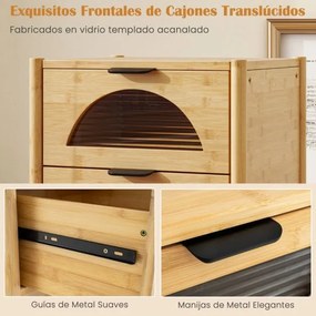 Mesa de cabeceira moderna 45 x 40 x 56 cm em bambu com 2 gavetas e frentes em vidro temperado estriado para sala de estar ou quarto Natural