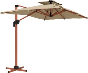 Chapéu de Sol Excêntrico 300x198x252 cm com Manivela Inclinação Ajustável Duplo Teto e Base Cruzada Giratória 360° Caqui