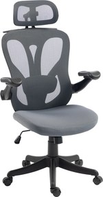 HOMCOM Cadeira Escritório Ergonômica, Apoios de Braço Rebatíveis 3D, Apoio de Cabeça 2D, Cabide, em Malha, Cinza Escuro | Aosom Portugal
