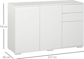 Aparador com 2 gavetas deslizantes, 3 portas e prateleira ajustável, em aglomerado, 117 x 36 x 74 cm, branco