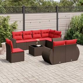 vidaXL 9 pcs conjunto sofás p/ jardim c/ almofadões vime PE castanho