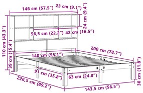 Cama com estante sem colchão 140x200 cm pinho maciço branco