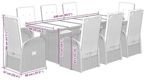 9 pcs conjunto de jantar p/ jardim c/ almofadões vime PE cinza