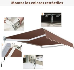 Toldo retrátil 245 x 200 cm com manivela manual em poliéster impermeável, marquise em alumínio para porta de parede ou janela Castanho