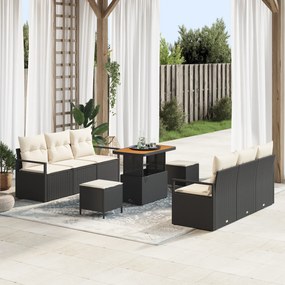 Conjunto de Sofá de Jardim vidaXL 9 Peças com Almofadas Preto Rattan P