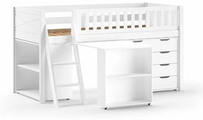 Conjunto cama Infantil SCOTT + secretária + Estante + cómoda com 4 gavetas Branca