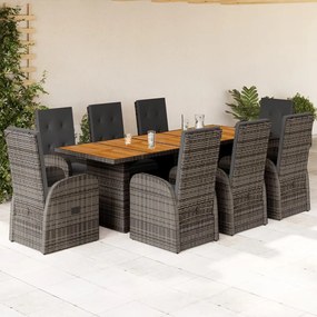 vidaXL 9 pcs conjunto de jantar p/ jardim c/ almofadões vime PE cinza