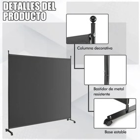 Biombo Divisória de ambientes 184 x 30 x 184 cm com painel único, tela de privacidade larga com rodas bloqueáveis Cinzento