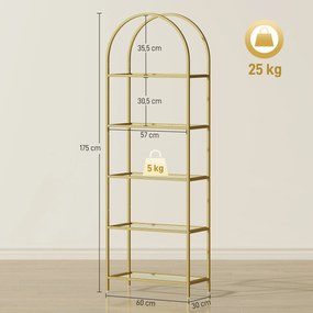 Estante de Vidro de 5 Níveis Estante de Arrumação Estrutura Arqueada Estante Estreita 60x30x175 cm Dourado