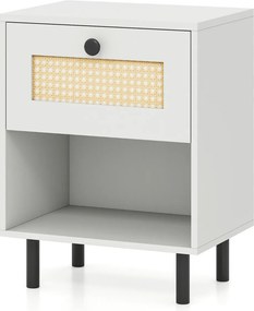 Mesa de cabeceira com gaveta estilo boémio, com pés de metal e compartimento aberto 40 x 30 x 52 cm Branca
