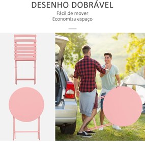 Conjunto de Móveis de Jardim Dobráveis Conjunto de 1 Mesa Redonda e 2 Cadeiras de Varanda com Estrutura de Aço Rosa