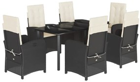 7 pcs conjunto de jantar p/ jardim c/ almofadões vime PE preto