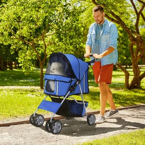 Carrinho de Passeio para Animais de Estimação Dobrável com Cesta de Armazenamento e Travão 75x45x97cm Azul