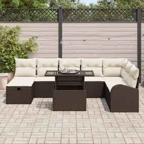 Conjunto de Sofá de Jardim 9 Peças com Almofadas Castanho Polirrattan