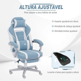 Cadeira Gaming Cadeira de Escritório Reclinável Apoio para os Pés Retrátil Suporte Lombar e Almofada para a Cabeça 63x63x115,5-123 cm Azul