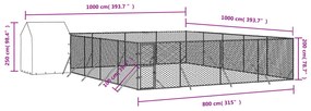 Canil de exterior com teto 10x10x2,5 m aço galvanizado prateado