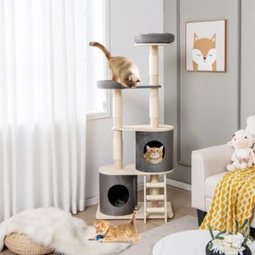 Arranhador Gatos com 2 postes para arranhar e escada revestida de sisal Móveis para gatos multiníveis cinzento