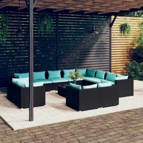 vidaXL 13 pcs conjunto lounge de jardim c/ almofadões vime PE preto