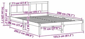 Estrutura de Cama Branca de Pinho Branca Madeira 150 x 200 cm
